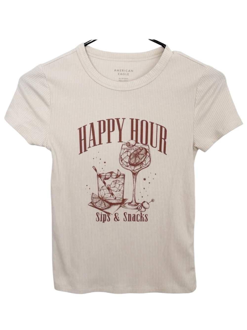 AMERICAN EAGLE Happy Hour Ribbed Graphic Baby Tee Cream Fitted Stretch XS